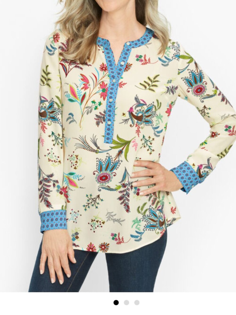 Talbots Band Collar Popover Dancing Floral Blouse Size Large Petite